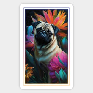 Pug Dog Vibrant Tropical Flower Tall Digital Oil Painting Portrait 2 Sticker